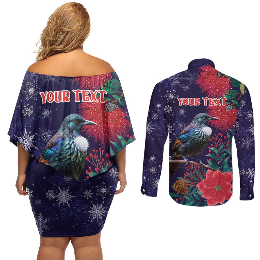 Tui Meri Kirihimete Personalised Couples Matching Off Shoulder Short Dress and Long Sleeve Button Shirt Pohutukawa Flowers Blue Motif - Aussie Hoodie