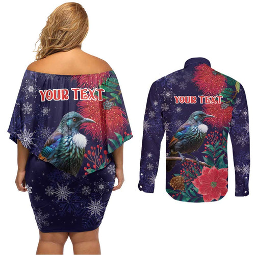 Tui Meri Kirihimete Personalised Couples Matching Off Shoulder Short Dress and Long Sleeve Button Shirt Pohutukawa Flowers Blue Motif - Aussie Hoodie