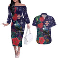Tui Meri Kirihimete Personalised Couples Matching Off The Shoulder Long Sleeve Dress and Hawaiian Shirt Pohutukawa Flowers Blue Motif - Aussie Hoodie