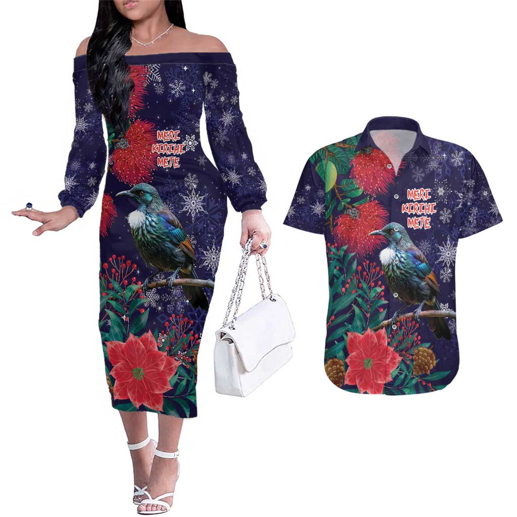Tui Meri Kirihimete Personalised Couples Matching Off The Shoulder Long Sleeve Dress and Hawaiian Shirt Pohutukawa Flowers Blue Motif - Aussie Hoodie