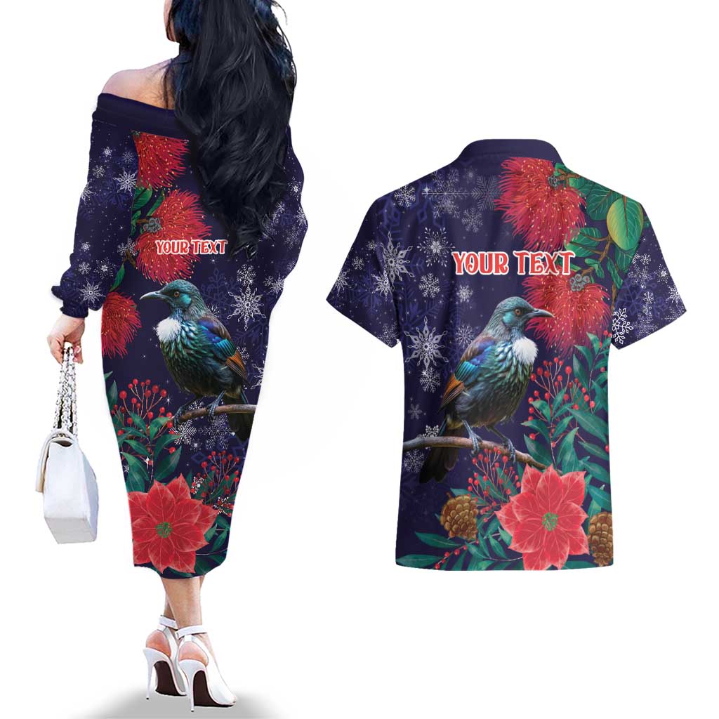 Tui Meri Kirihimete Personalised Couples Matching Off The Shoulder Long Sleeve Dress and Hawaiian Shirt Pohutukawa Flowers Blue Motif - Aussie Hoodie
