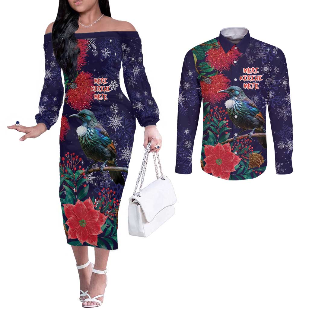 Tui Meri Kirihimete Personalised Couples Matching Off The Shoulder Long Sleeve Dress and Long Sleeve Button Shirt Pohutukawa Flowers Blue Motif - Aussie Hoodie