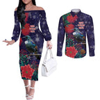 Tui Meri Kirihimete Personalised Couples Matching Off The Shoulder Long Sleeve Dress and Long Sleeve Button Shirt Pohutukawa Flowers Blue Motif - Aussie Hoodie