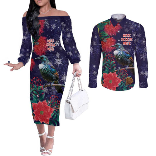 Tui Meri Kirihimete Personalised Couples Matching Off The Shoulder Long Sleeve Dress and Long Sleeve Button Shirt Pohutukawa Flowers Blue Motif - Aussie Hoodie