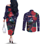 Tui Meri Kirihimete Personalised Couples Matching Off The Shoulder Long Sleeve Dress and Long Sleeve Button Shirt Pohutukawa Flowers Blue Motif - Aussie Hoodie