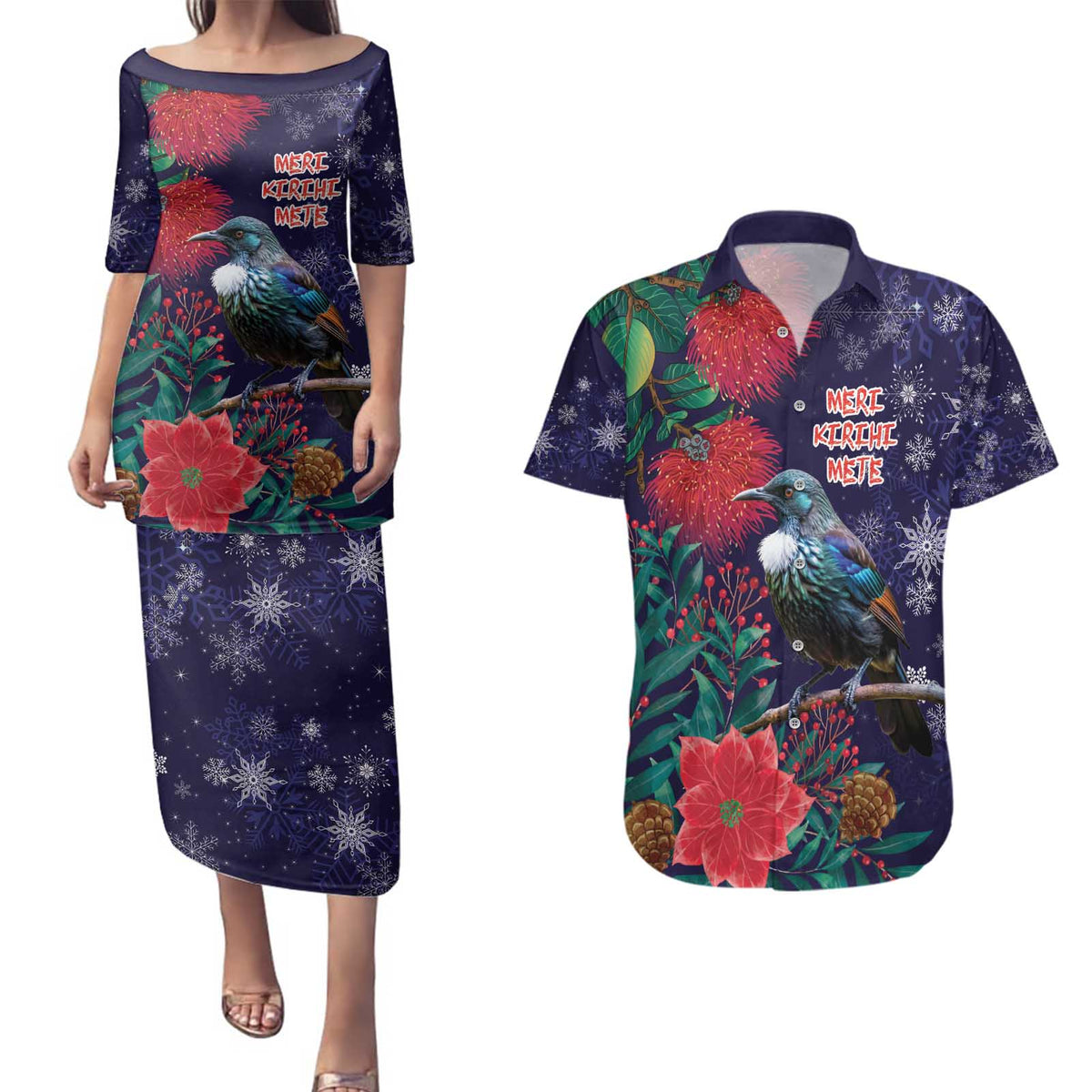 Tui Meri Kirihimete Personalised Couples Matching Puletasi and Hawaiian Shirt Pohutukawa Flowers Blue Motif - Aussie Hoodie