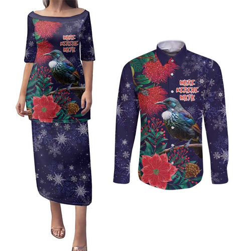 Tui Meri Kirihimete Personalised Couples Matching Puletasi and Long Sleeve Button Shirt Pohutukawa Flowers Blue Motif - Aussie Hoodie