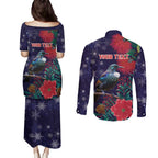 Tui Meri Kirihimete Personalised Couples Matching Puletasi and Long Sleeve Button Shirt Pohutukawa Flowers Blue Motif - Aussie Hoodie