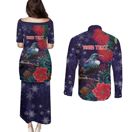 Tui Meri Kirihimete Personalised Couples Matching Puletasi and Long Sleeve Button Shirt Pohutukawa Flowers Blue Motif - Aussie Hoodie