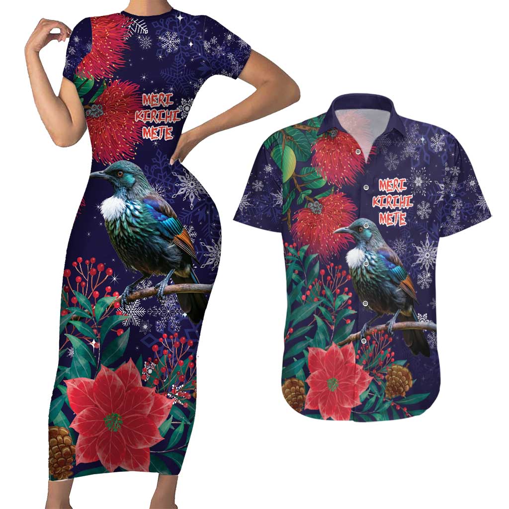 Tui Meri Kirihimete Personalised Couples Matching Short Sleeve Bodycon Dress and Hawaiian Shirt Pohutukawa Flowers Blue Motif - Aussie Hoodie