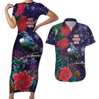 Tui Meri Kirihimete Personalised Couples Matching Short Sleeve Bodycon Dress and Hawaiian Shirt Pohutukawa Flowers Blue Motif - Aussie Hoodie