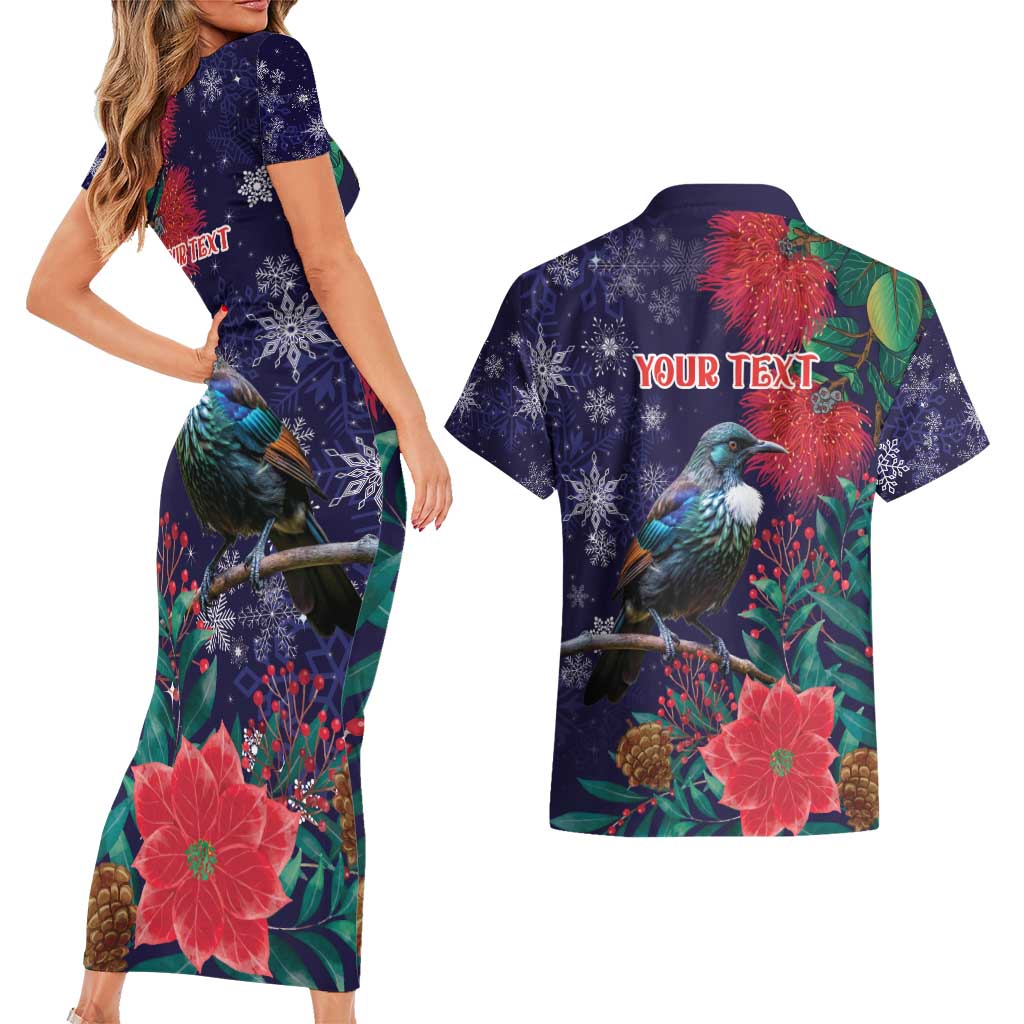 Tui Meri Kirihimete Personalised Couples Matching Short Sleeve Bodycon Dress and Hawaiian Shirt Pohutukawa Flowers Blue Motif - Aussie Hoodie