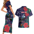 Tui Meri Kirihimete Personalised Couples Matching Short Sleeve Bodycon Dress and Hawaiian Shirt Pohutukawa Flowers Blue Motif - Aussie Hoodie