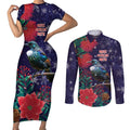 Tui Meri Kirihimete Personalised Couples Matching Short Sleeve Bodycon Dress and Long Sleeve Button Shirt Pohutukawa Flowers Blue Motif - Aussie Hoodie