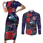 Tui Meri Kirihimete Personalised Couples Matching Short Sleeve Bodycon Dress and Long Sleeve Button Shirt Pohutukawa Flowers Blue Motif - Aussie Hoodie