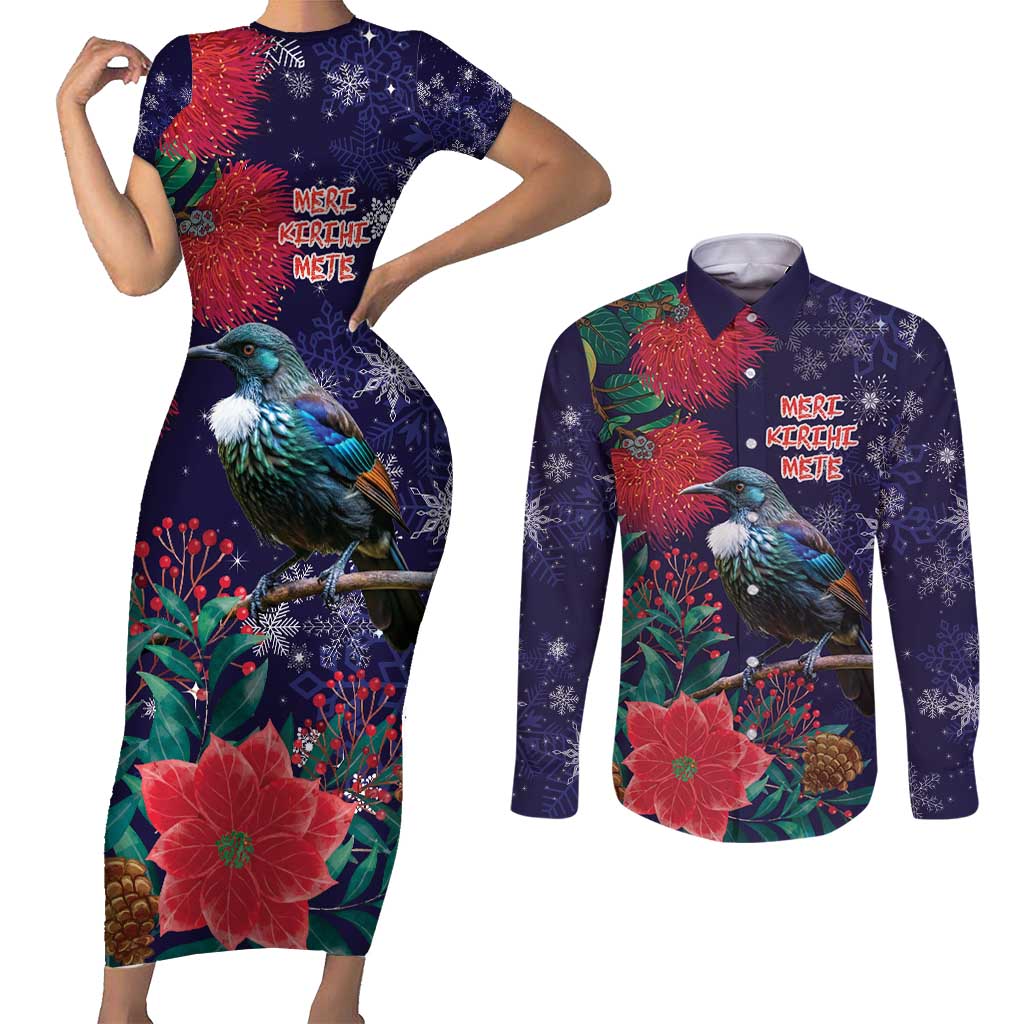 Tui Meri Kirihimete Personalised Couples Matching Short Sleeve Bodycon Dress and Long Sleeve Button Shirt Pohutukawa Flowers Blue Motif - Aussie Hoodie