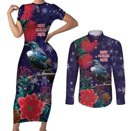 Tui Meri Kirihimete Personalised Couples Matching Short Sleeve Bodycon Dress and Long Sleeve Button Shirt Pohutukawa Flowers Blue Motif - Aussie Hoodie