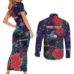 Tui Meri Kirihimete Personalised Couples Matching Short Sleeve Bodycon Dress and Long Sleeve Button Shirt Pohutukawa Flowers Blue Motif - Aussie Hoodie
