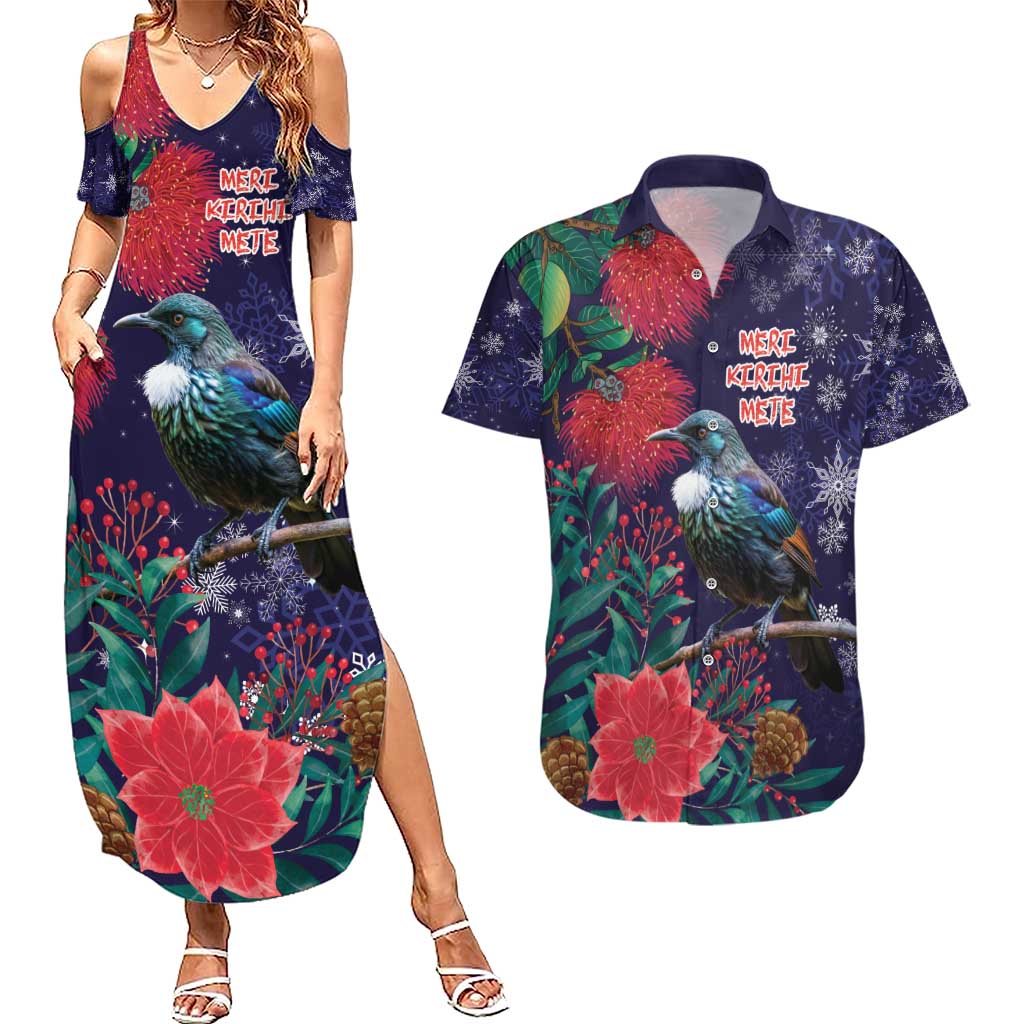Tui Meri Kirihimete Personalised Couples Matching Summer Maxi Dress and Hawaiian Shirt Pohutukawa Flowers Blue Motif - Aussie Hoodie