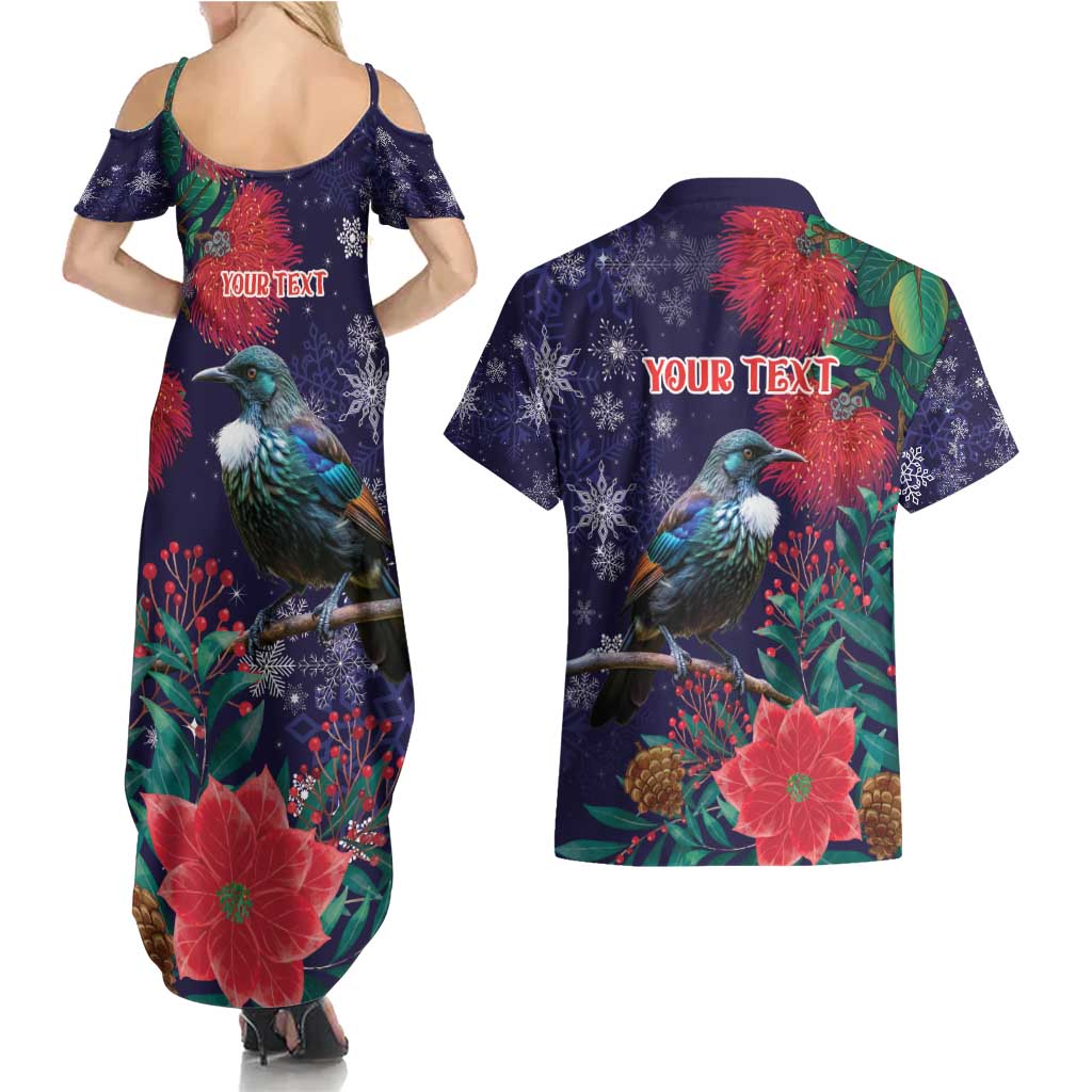 Tui Meri Kirihimete Personalised Couples Matching Summer Maxi Dress and Hawaiian Shirt Pohutukawa Flowers Blue Motif - Aussie Hoodie