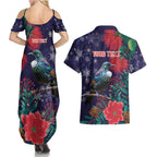 Tui Meri Kirihimete Personalised Couples Matching Summer Maxi Dress and Hawaiian Shirt Pohutukawa Flowers Blue Motif - Aussie Hoodie