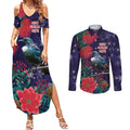 Tui Meri Kirihimete Personalised Couples Matching Summer Maxi Dress and Long Sleeve Button Shirt Pohutukawa Flowers Blue Motif - Aussie Hoodie
