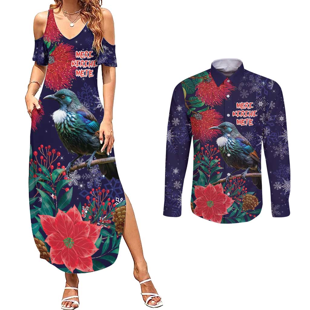 Tui Meri Kirihimete Personalised Couples Matching Summer Maxi Dress and Long Sleeve Button Shirt Pohutukawa Flowers Blue Motif - Aussie Hoodie