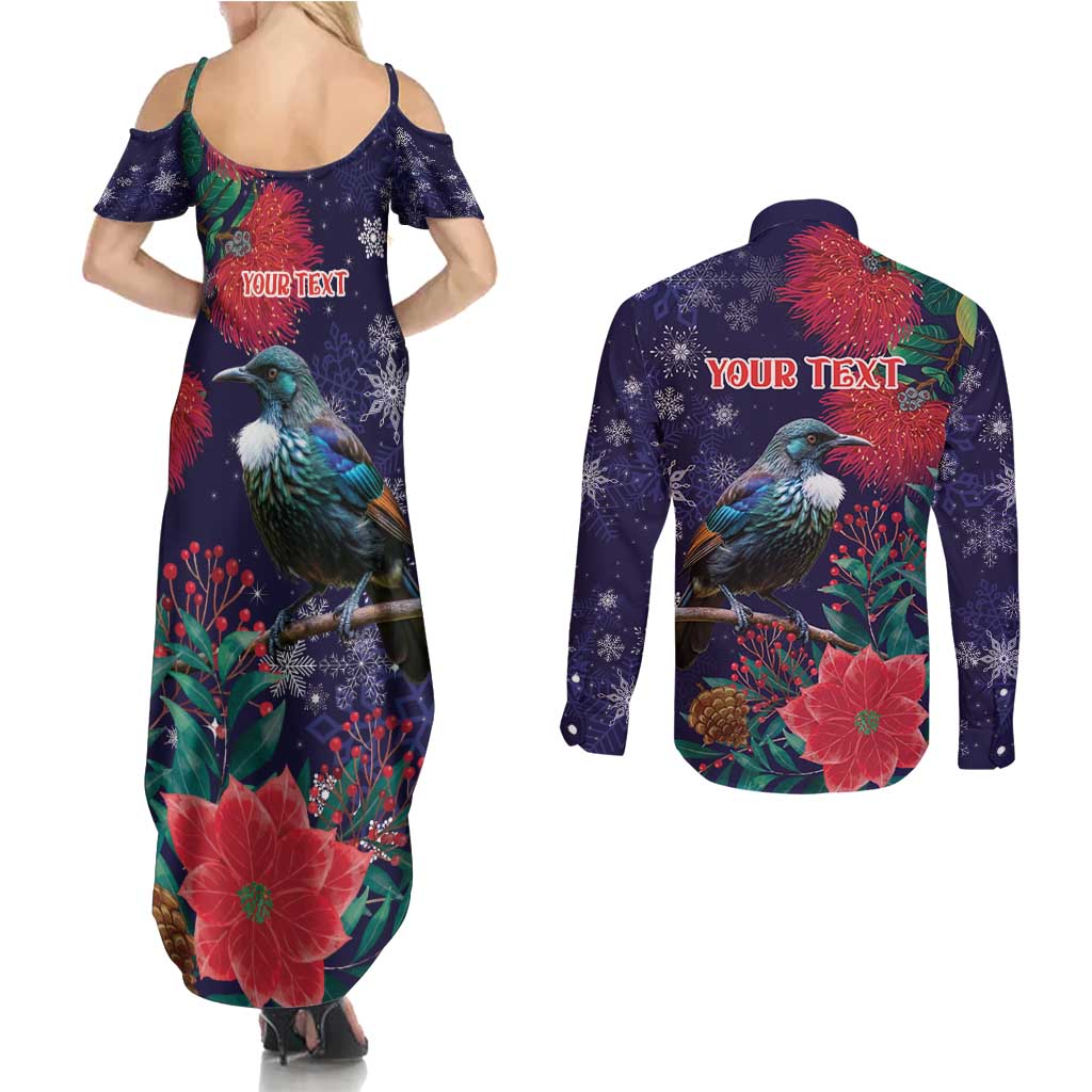 Tui Meri Kirihimete Personalised Couples Matching Summer Maxi Dress and Long Sleeve Button Shirt Pohutukawa Flowers Blue Motif - Aussie Hoodie