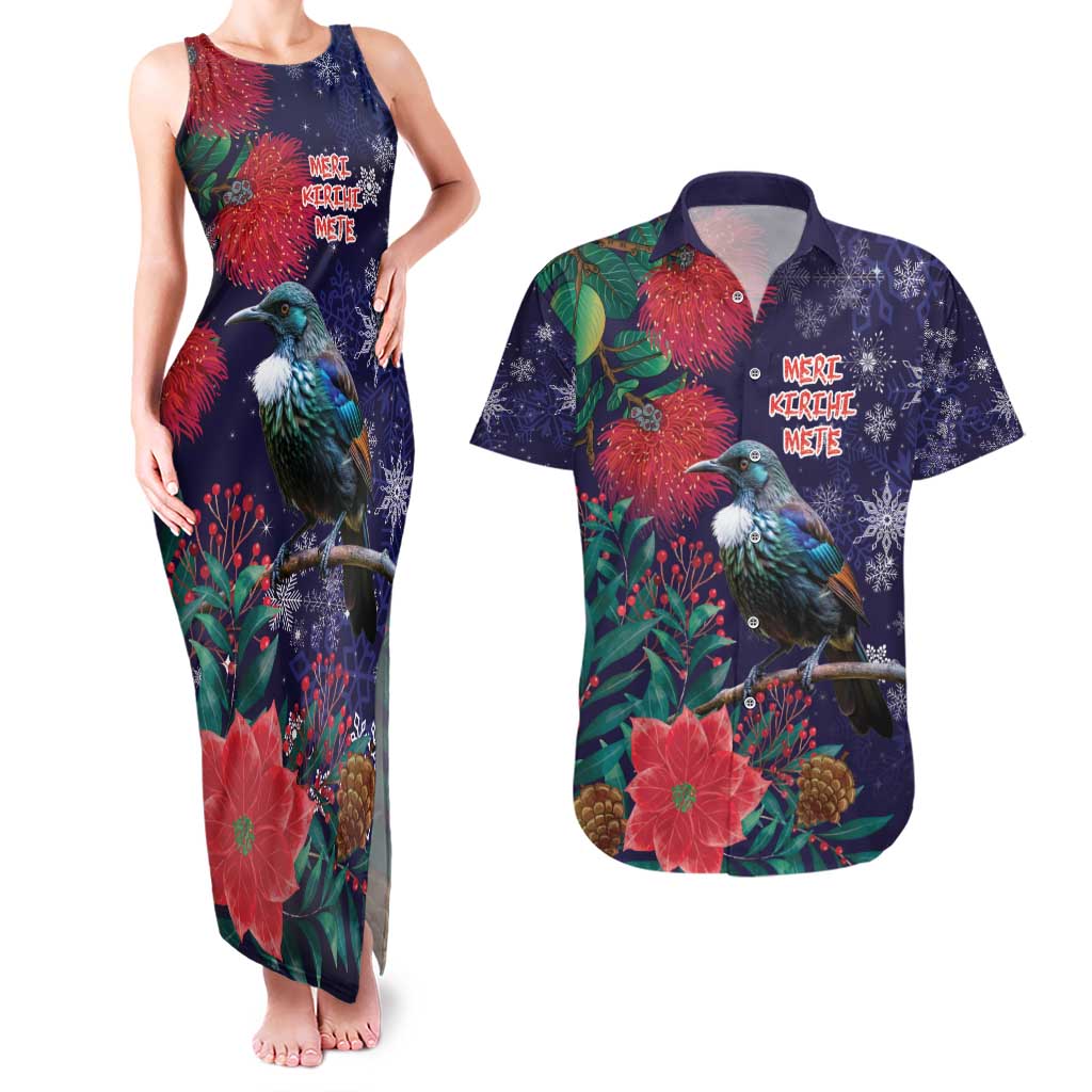 Tui Meri Kirihimete Personalised Couples Matching Tank Maxi Dress and Hawaiian Shirt Pohutukawa Flowers Blue Motif - Aussie Hoodie
