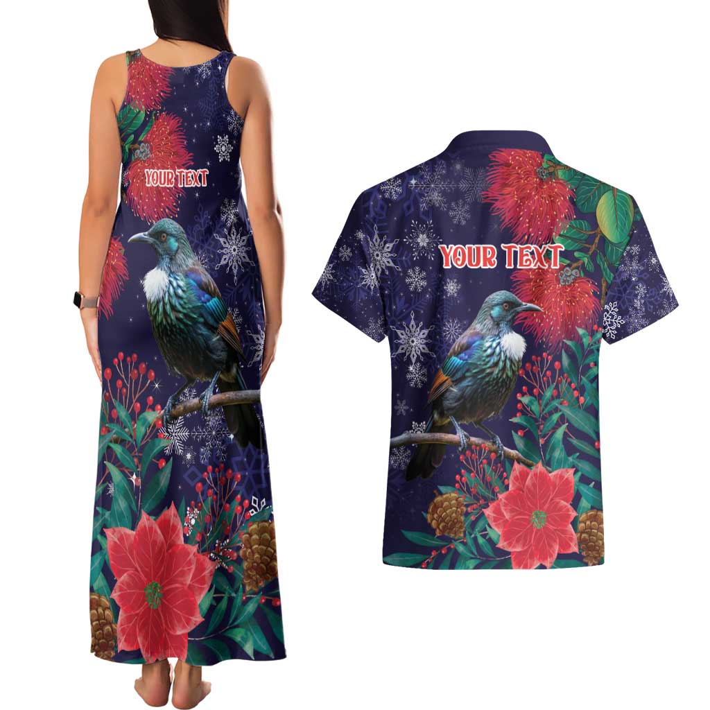 Tui Meri Kirihimete Personalised Couples Matching Tank Maxi Dress and Hawaiian Shirt Pohutukawa Flowers Blue Motif - Aussie Hoodie