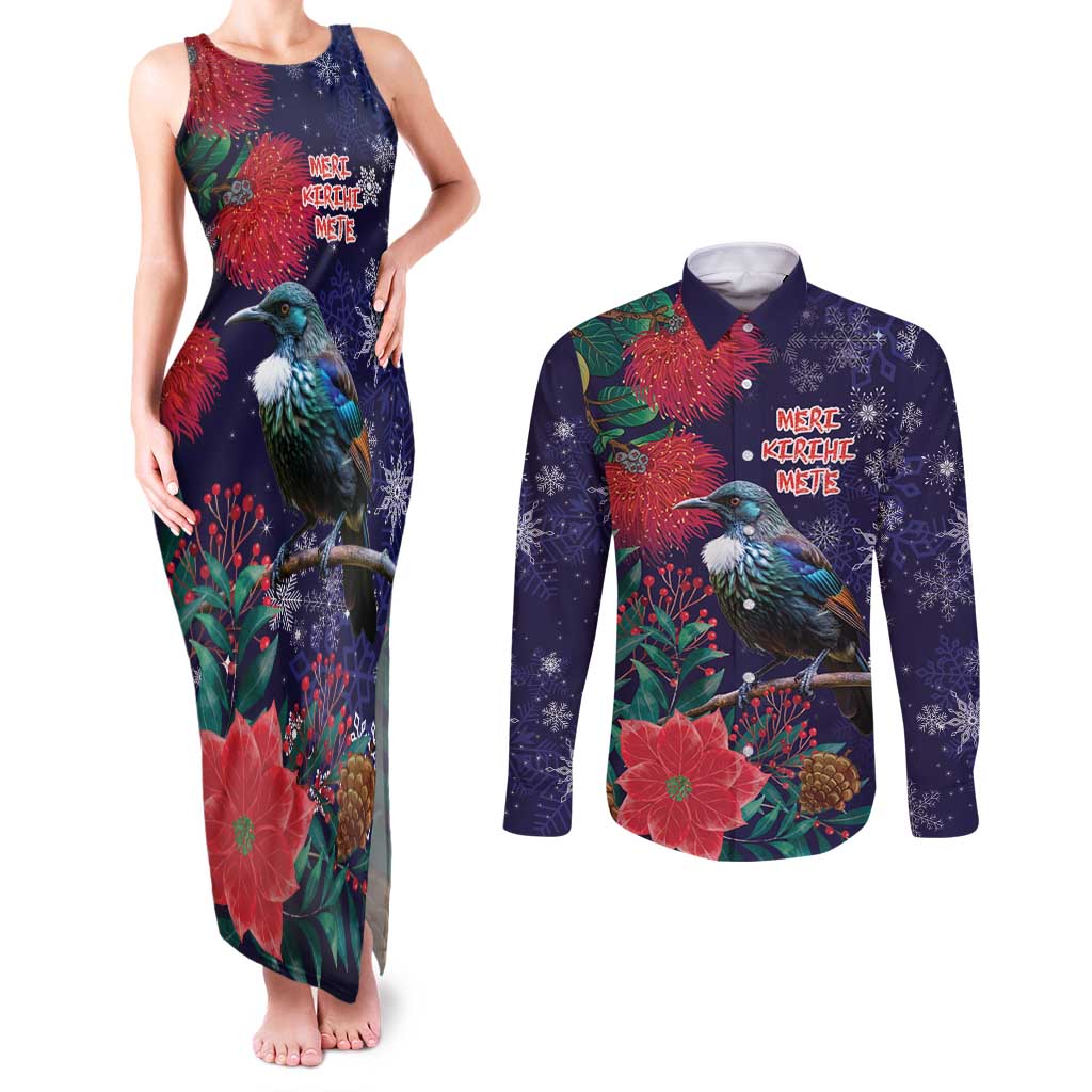 Tui Meri Kirihimete Personalised Couples Matching Tank Maxi Dress and Long Sleeve Button Shirt Pohutukawa Flowers Blue Motif - Aussie Hoodie