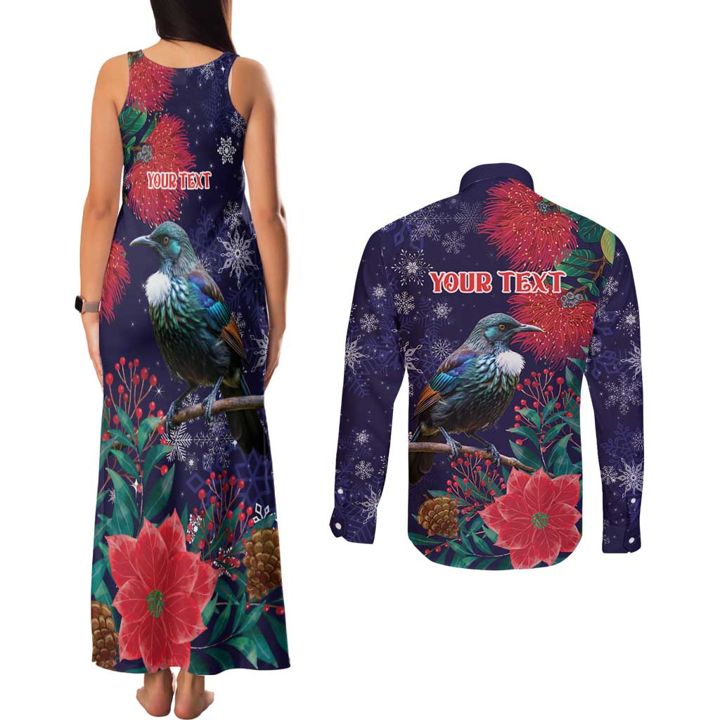 Tui Meri Kirihimete Personalised Couples Matching Tank Maxi Dress and Long Sleeve Button Shirt Pohutukawa Flowers Blue Motif - Aussie Hoodie