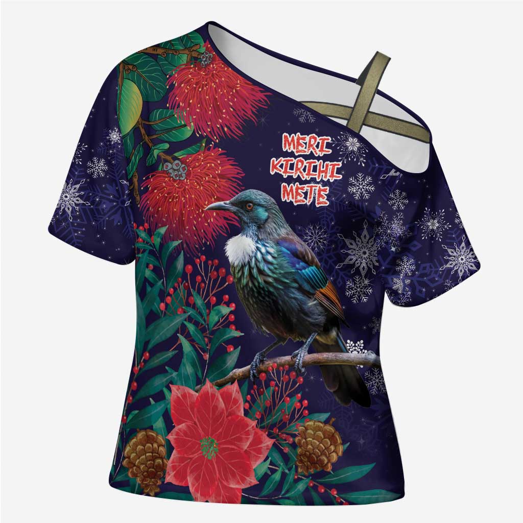 Tui Meri Kirihimete Personalised Cross Shoulder Shirt Pohutukawa Flowers Blue Motif - Aussie Hoodie