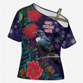 Tui Meri Kirihimete Personalised Cross Shoulder Shirt Pohutukawa Flowers Blue Motif - Aussie Hoodie
