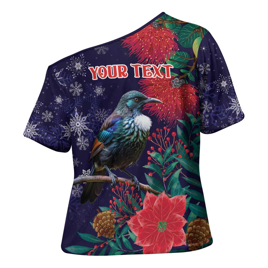 Tui Meri Kirihimete Personalised Cross Shoulder Shirt Pohutukawa Flowers Blue Motif - Aussie Hoodie