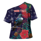 Tui Meri Kirihimete Personalised Cross Shoulder Shirt Pohutukawa Flowers Blue Motif - Aussie Hoodie