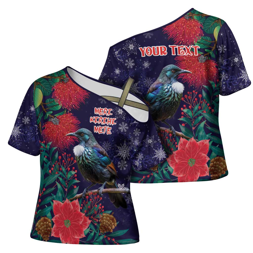 Tui Meri Kirihimete Personalised Cross Shoulder Shirt Pohutukawa Flowers Blue Motif - Aussie Hoodie