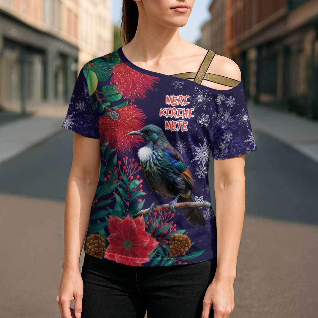 Tui Meri Kirihimete Personalised Cross Shoulder Shirt Pohutukawa Flowers Blue Motif - Aussie Hoodie