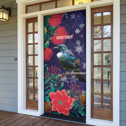 Tui Meri Kirihimete Personalised Door Cover Pohutukawa Flowers Blue Motif - Aussie Hoodie