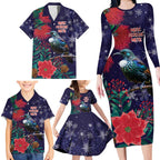 Tui Meri Kirihimete Personalised Family Matching Long Sleeve Bodycon Dress and Hawaiian Shirt Pohutukawa Flowers Blue Motif - Aussie Hoodie