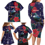 Tui Meri Kirihimete Personalised Family Matching Long Sleeve Bodycon Dress and Hawaiian Shirt Pohutukawa Flowers Blue Motif - Aussie Hoodie