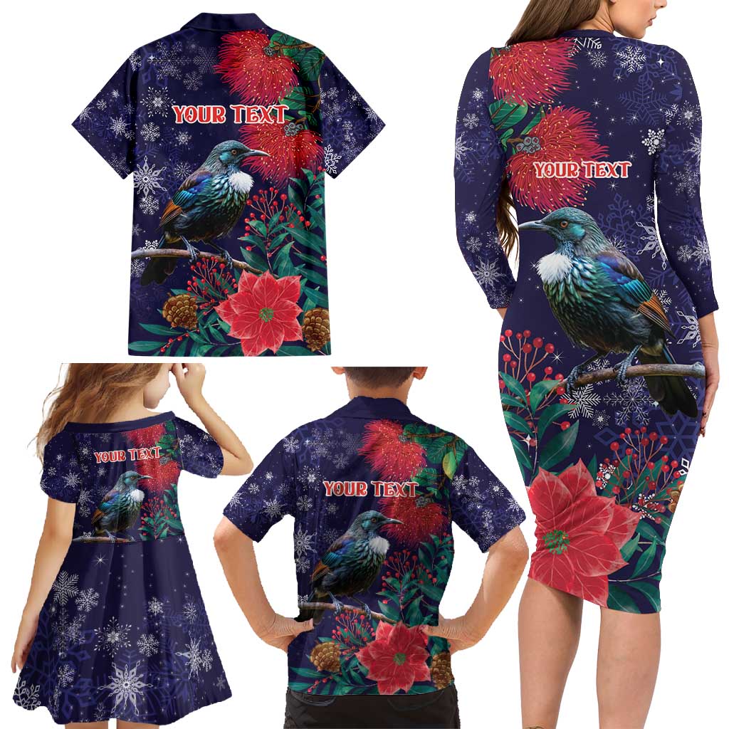 Tui Meri Kirihimete Personalised Family Matching Long Sleeve Bodycon Dress and Hawaiian Shirt Pohutukawa Flowers Blue Motif - Aussie Hoodie