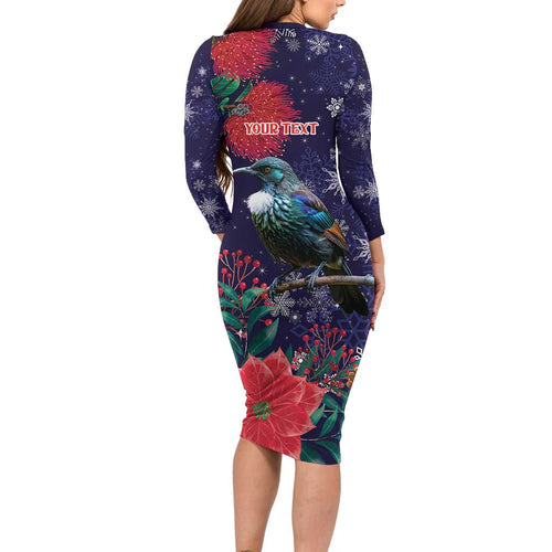 Tui Meri Kirihimete Personalised Family Matching Long Sleeve Bodycon Dress and Hawaiian Shirt Pohutukawa Flowers Blue Motif - Aussie Hoodie