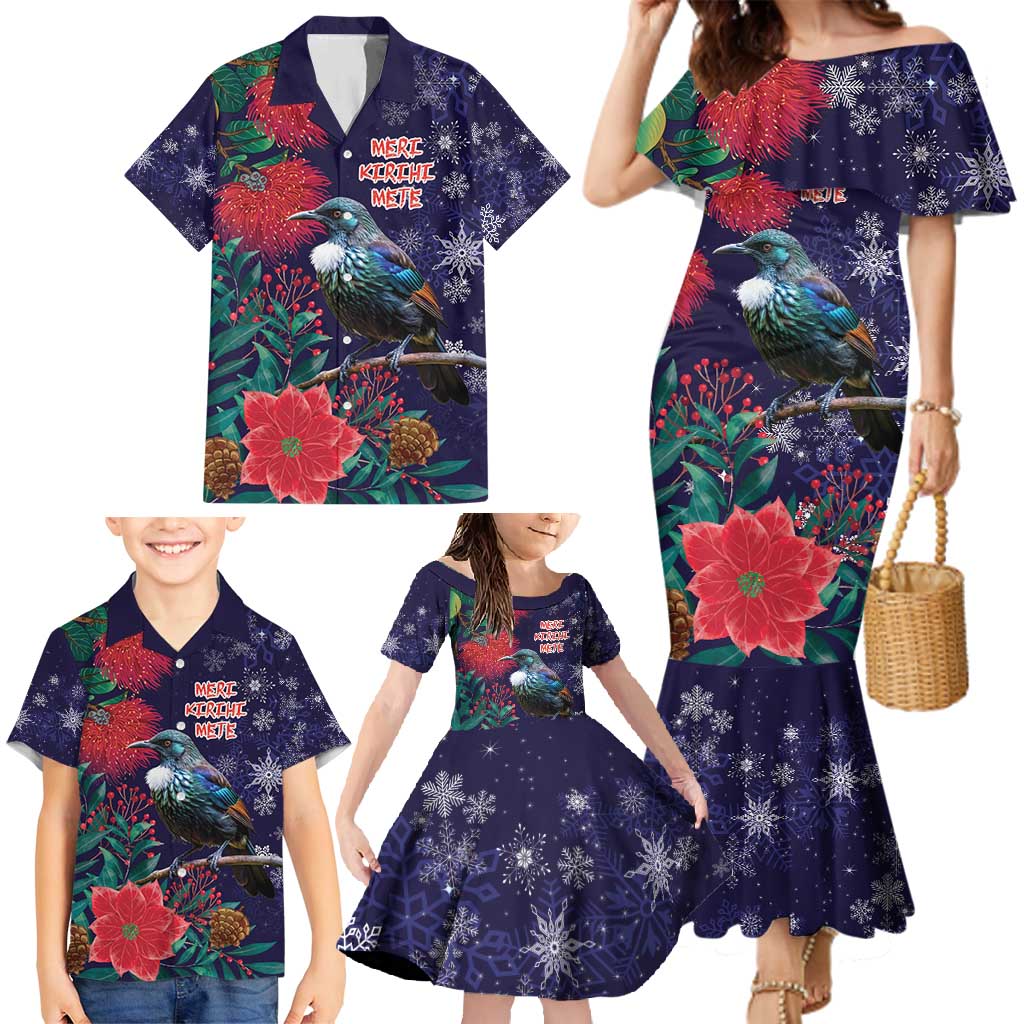 Tui Meri Kirihimete Personalised Family Matching Mermaid Dress and Hawaiian Shirt Pohutukawa Flowers Blue Motif - Aussie Hoodie