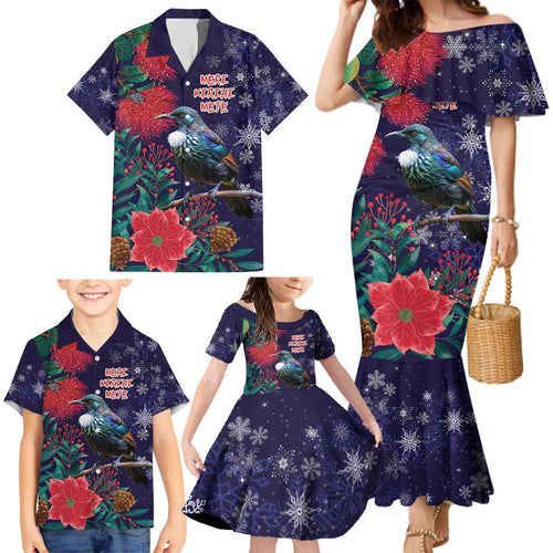 Tui Meri Kirihimete Personalised Family Matching Mermaid Dress and Hawaiian Shirt Pohutukawa Flowers Blue Motif - Aussie Hoodie