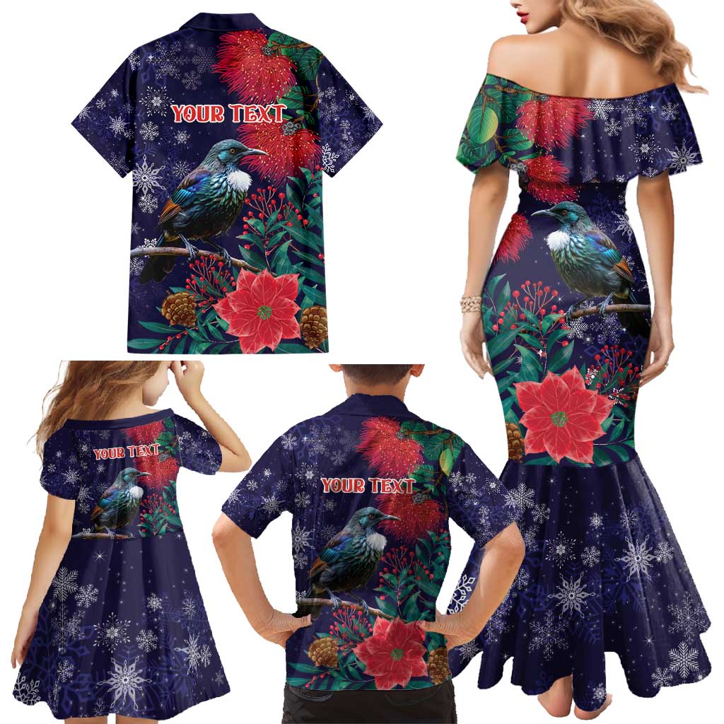 Tui Meri Kirihimete Personalised Family Matching Mermaid Dress and Hawaiian Shirt Pohutukawa Flowers Blue Motif - Aussie Hoodie
