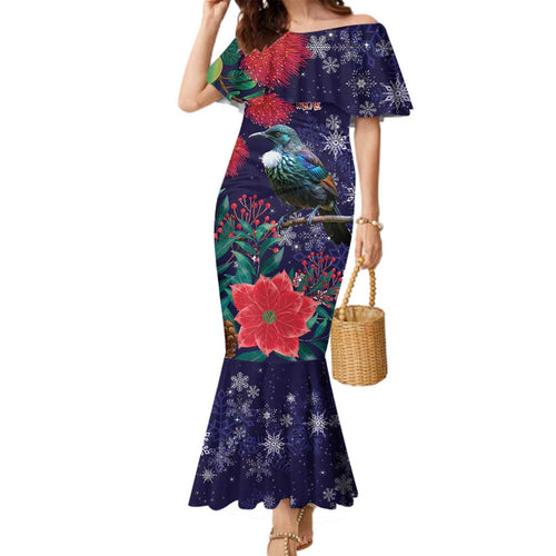 Tui Meri Kirihimete Personalised Family Matching Mermaid Dress and Hawaiian Shirt Pohutukawa Flowers Blue Motif - Aussie Hoodie