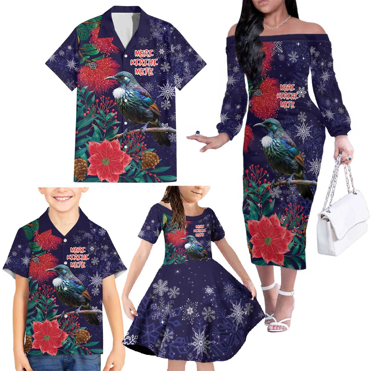 Tui Meri Kirihimete Personalised Family Matching Off The Shoulder Long Sleeve Dress and Hawaiian Shirt Pohutukawa Flowers Blue Motif - Aussie Hoodie