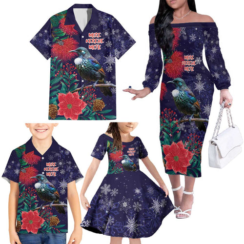 Tui Meri Kirihimete Personalised Family Matching Off The Shoulder Long Sleeve Dress and Hawaiian Shirt Pohutukawa Flowers Blue Motif - Aussie Hoodie