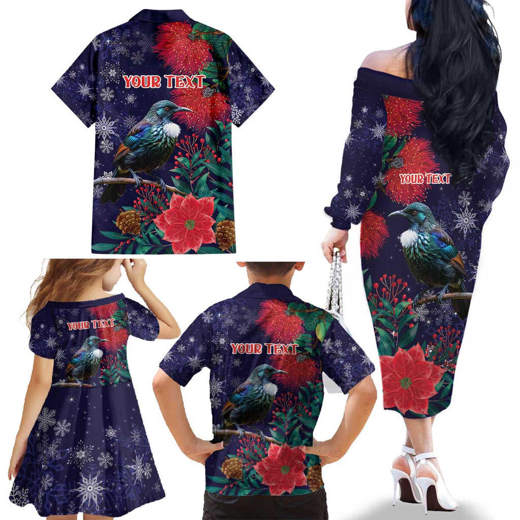 Tui Meri Kirihimete Personalised Family Matching Off The Shoulder Long Sleeve Dress and Hawaiian Shirt Pohutukawa Flowers Blue Motif - Aussie Hoodie